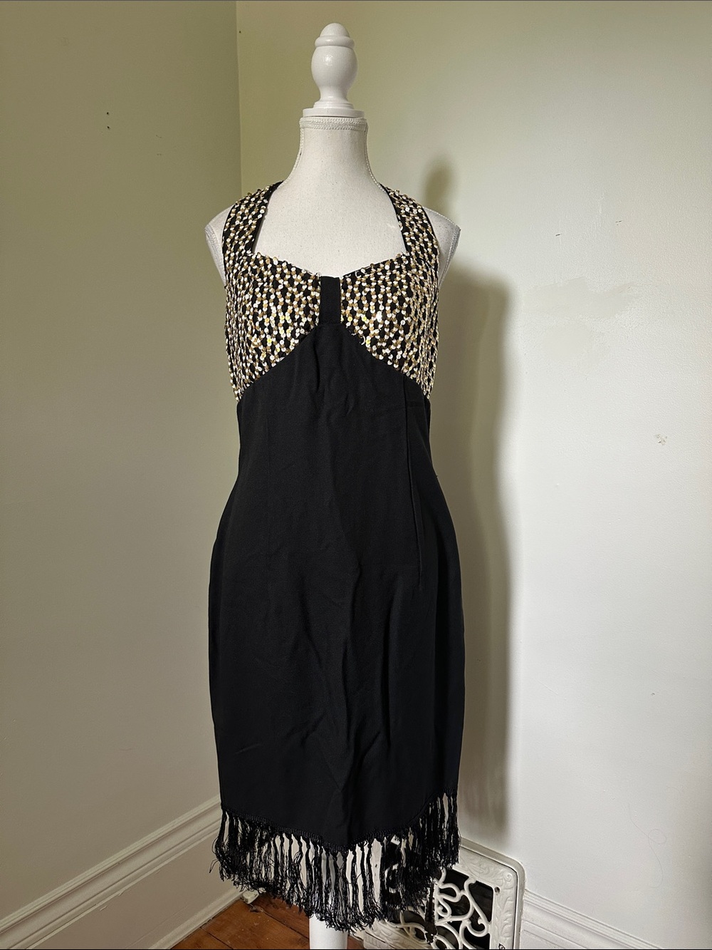 GUNNE SAX Vintage Black Fringe Sequins Glam Flapper Evening Party Dress Sz 11/12